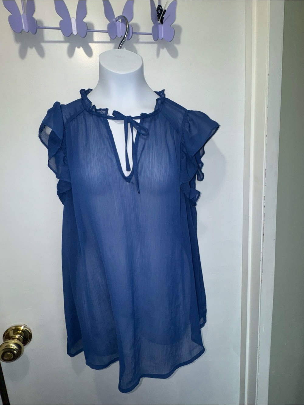 Banana Republic Sheer Ruffle Tie-Neck Blouse - Blue